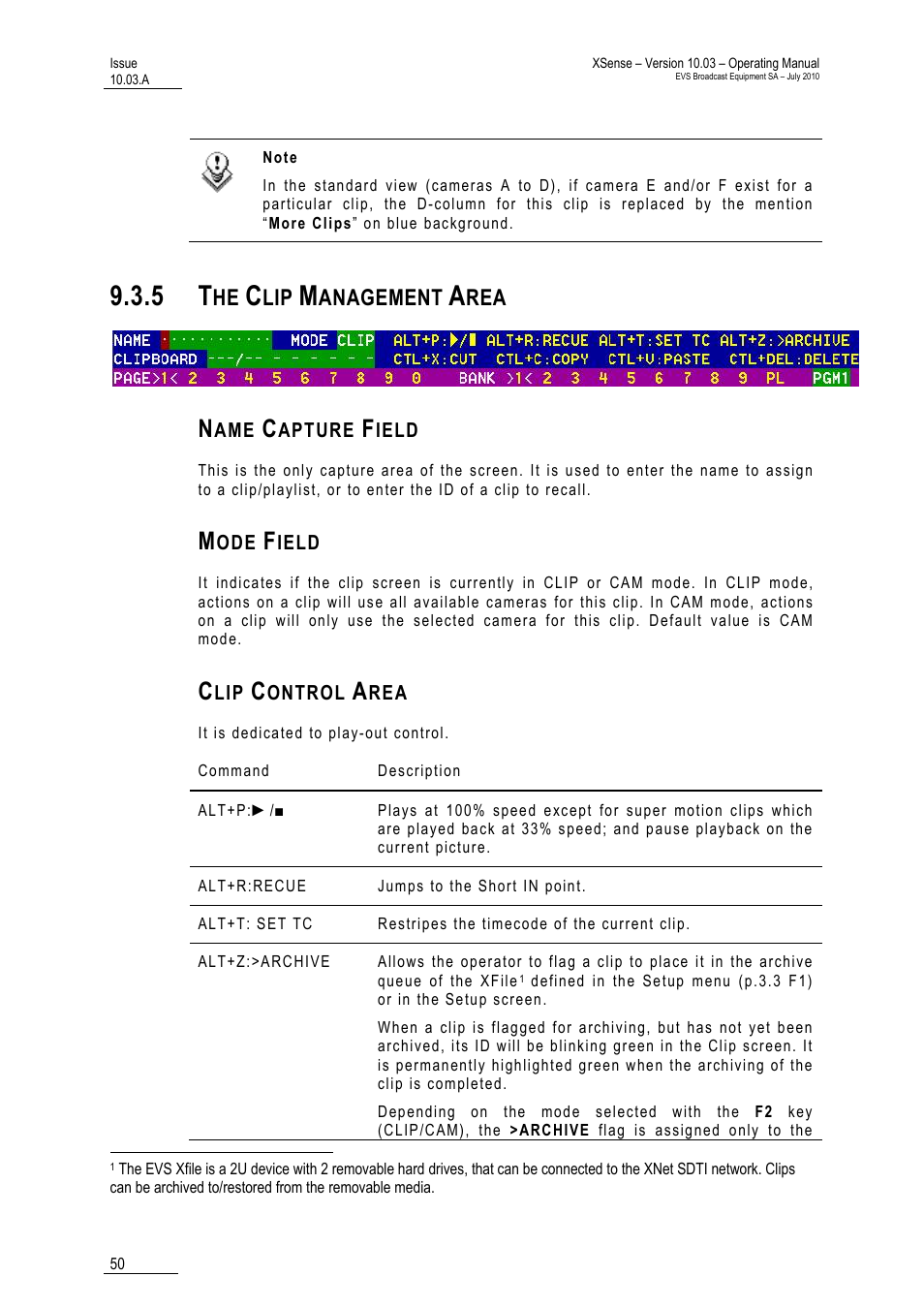 5 the clip management area, Name capture field, Mode field | Clip control area, Area, Anagement | EVS XSense Version 10.03 - July 2010 Operating Manual User Manual | Page 59 / 161