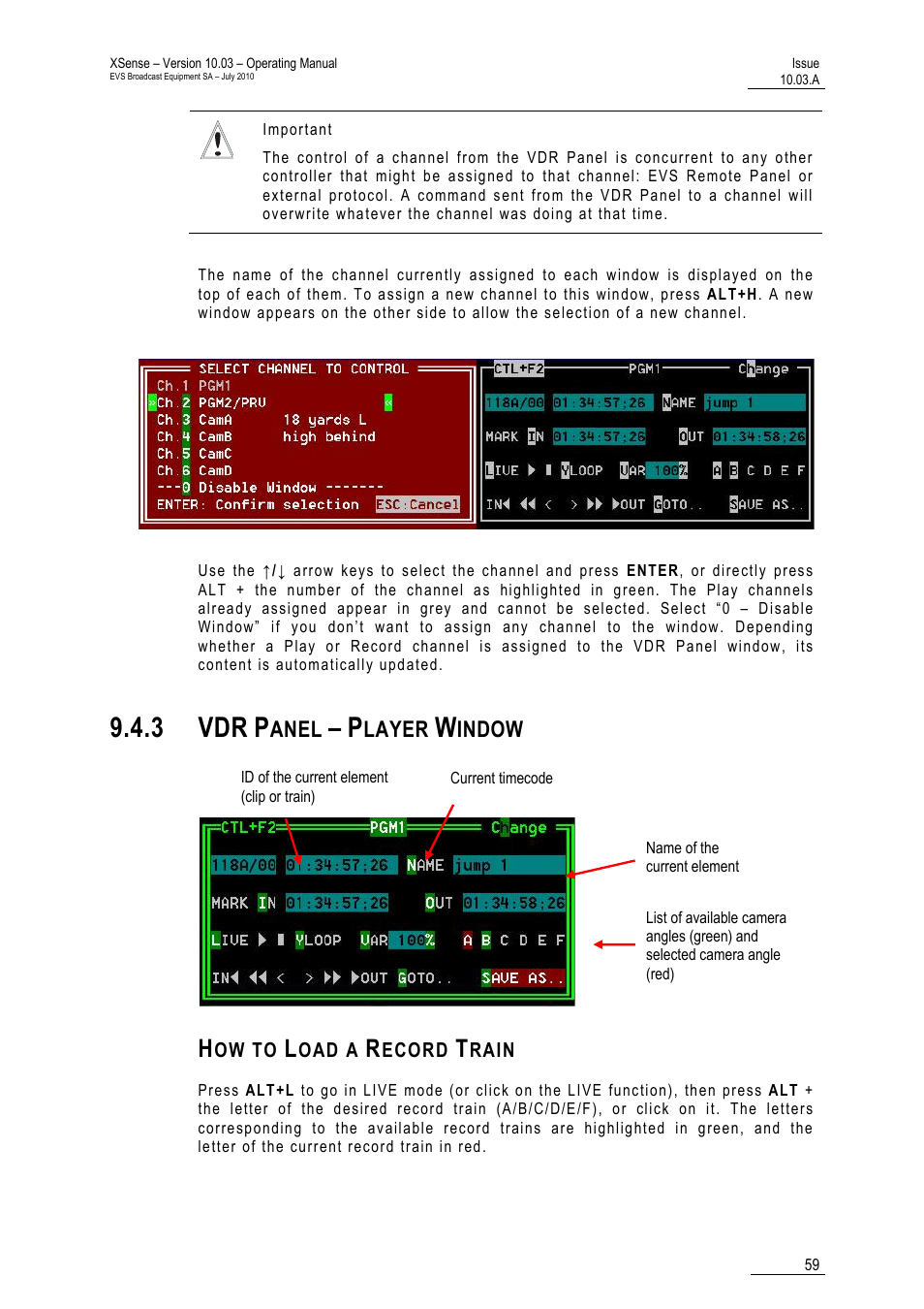3 vdr panel – player window, How to load a record train, 3 vdr | Anel, Layer, Indow | EVS XSense Version 10.03 - July 2010 Operating Manual User Manual | Page 68 / 161