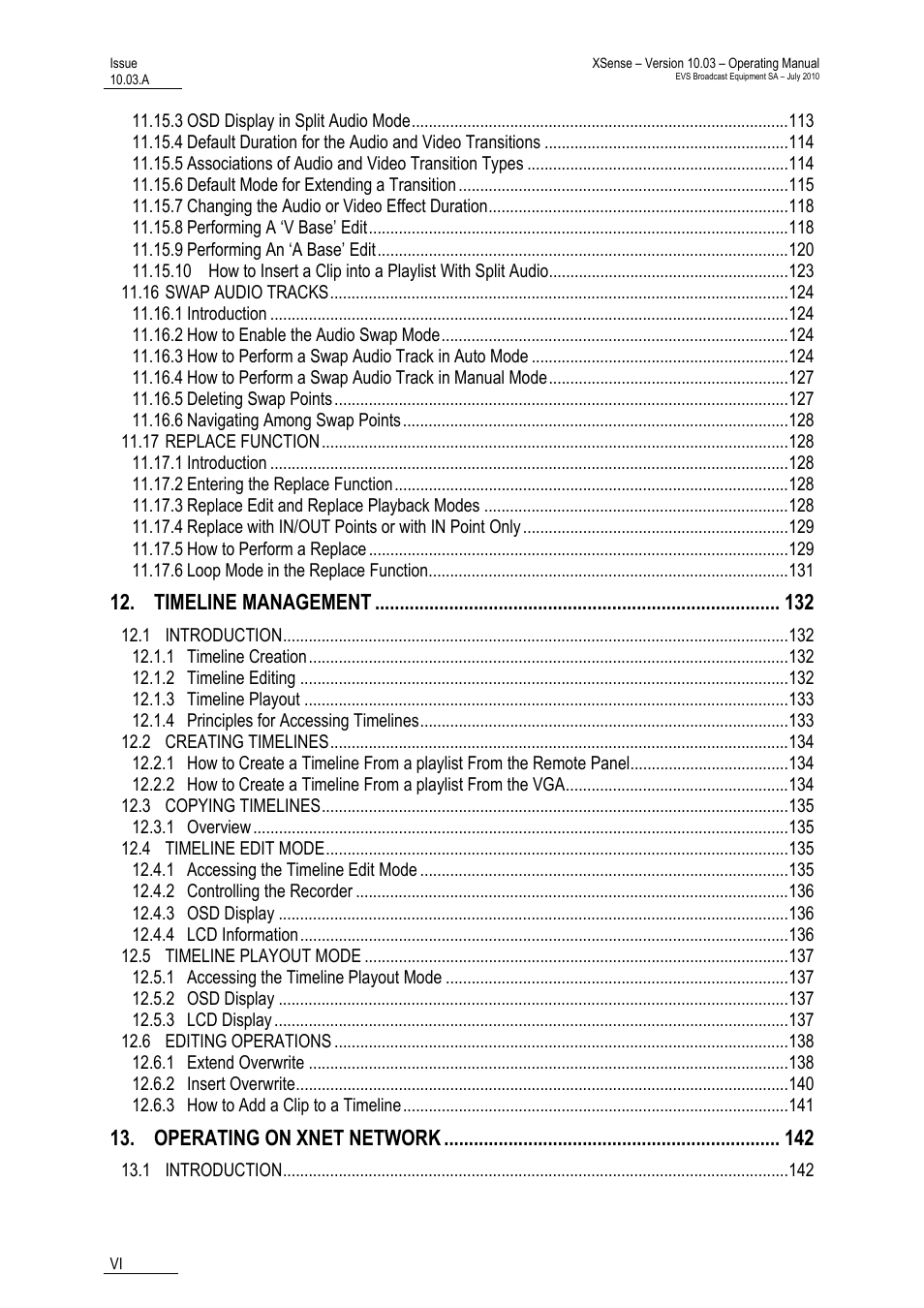 Timeline management, Operating on xnet network | EVS XSense Version 10.03 - July 2010 Operating Manual User Manual | Page 7 / 161