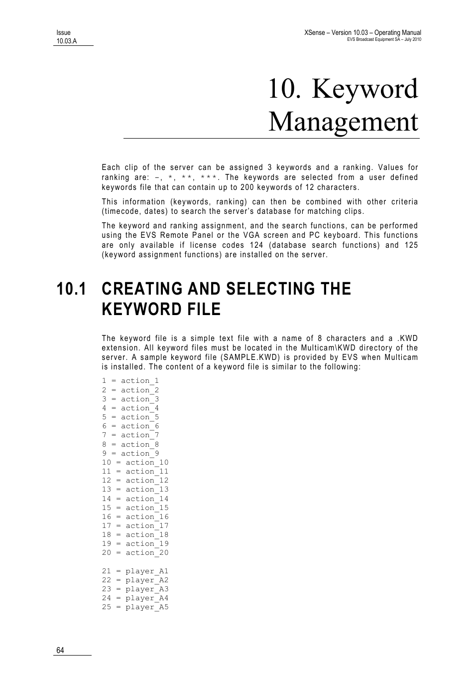 Keyword management, 1 creating and selecting the keyword file, 10 ‘keyword management | 64 f, 64 fo | EVS XSense Version 10.03 - July 2010 Operating Manual User Manual | Page 73 / 161