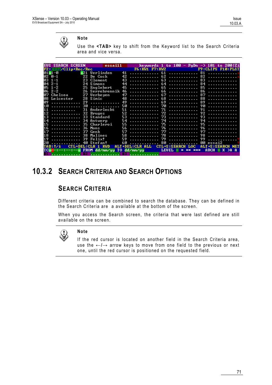 2 search criteria and search options, Search criteria, Earch | Riteria and, Ptions | EVS XSense Version 10.03 - July 2010 Operating Manual User Manual | Page 80 / 161