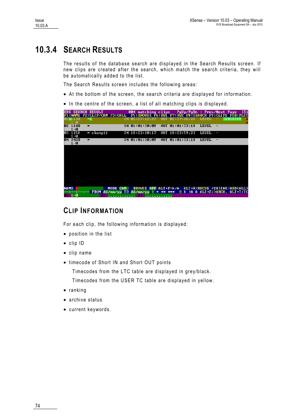 4 search results, Clip information, Earch | Esults | EVS XSense Version 10.03 - July 2010 Operating Manual User Manual | Page 83 / 161
