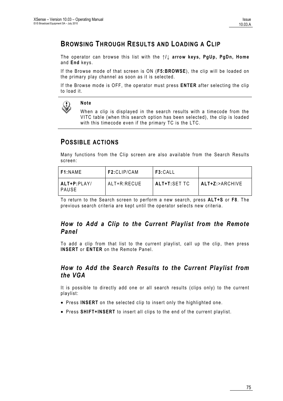 Browsing through results and loading a clip, Possible actions | EVS XSense Version 10.03 - July 2010 Operating Manual User Manual | Page 84 / 161