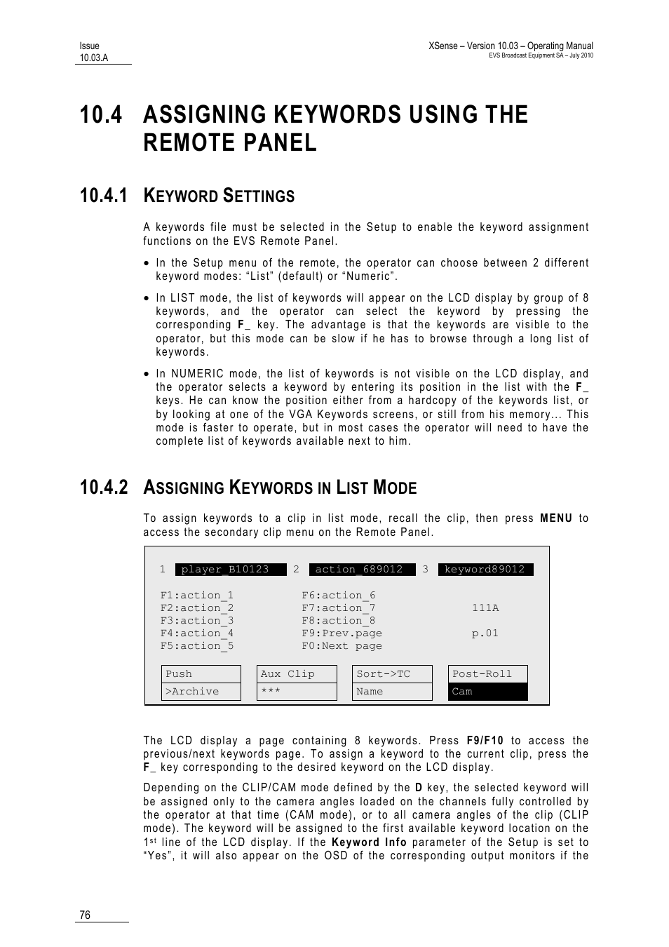 4 assigning keywords using the remote panel, 1 keyword settings, 2 assigning keywords in list mode | In list mode, Eyword, Ettings, Ssigning, Eywords in | EVS XSense Version 10.03 - July 2010 Operating Manual User Manual | Page 85 / 161