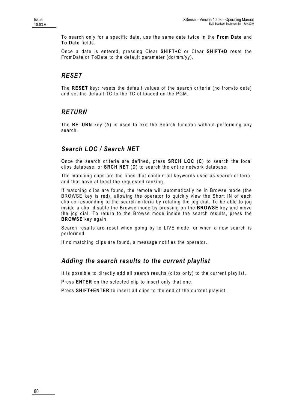 Reset, Return, Search loc / search net | Adding the search results to the current playlist | EVS XSense Version 10.03 - July 2010 Operating Manual User Manual | Page 89 / 161