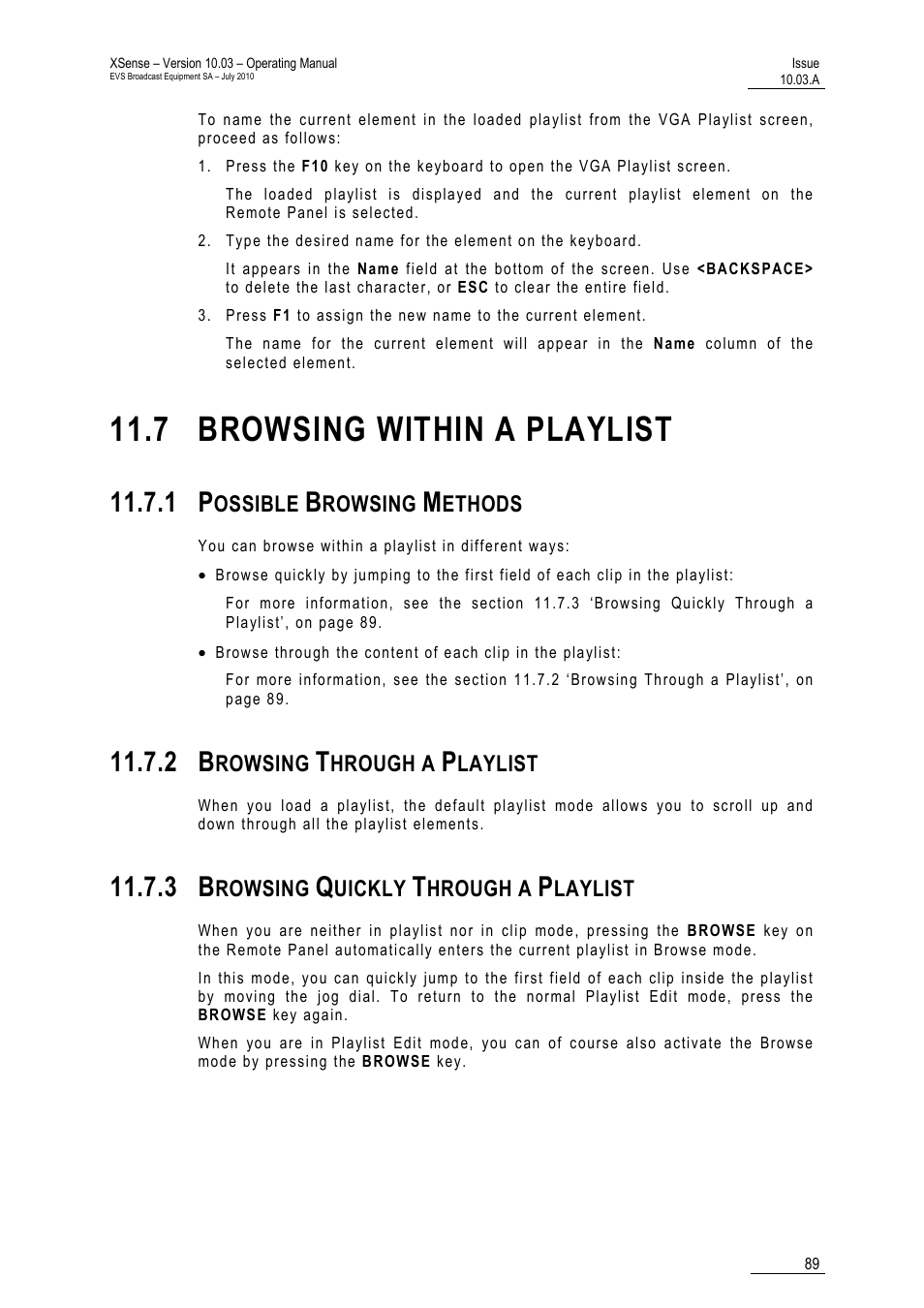 7 browsing within a playlist, 1 possible browsing methods, 2 browsing through a playlist | 3 browsing quickly through a playlist, A playlist, List | EVS XSense Version 10.03 - July 2010 Operating Manual User Manual | Page 98 / 161