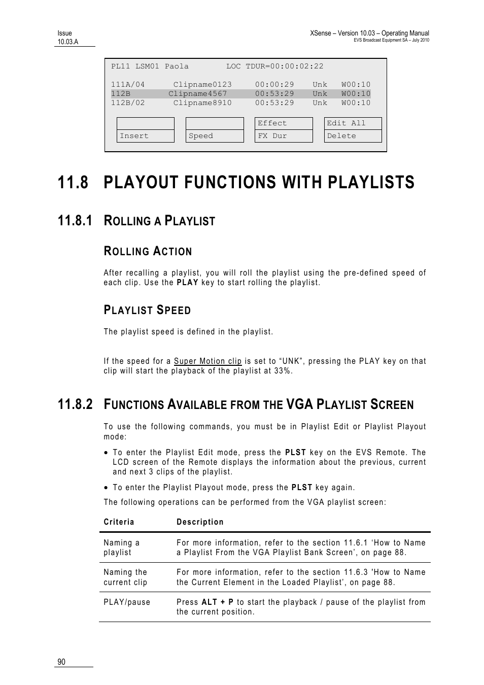 8 playout functions with playlists, 1 rolling a playlist, Rolling action | Playlist speed, 2 functions available from the vga playlist screen, Olling a, Laylist, Unctions, Vailable from the, Creen | EVS XSense Version 10.03 - July 2010 Operating Manual User Manual | Page 99 / 161