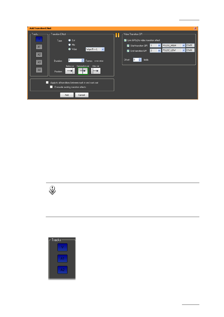 Where are the transition effects applied, Elements from the same media source, Contiguous elements from different media sources | Tracks group box | EVS IPDirector Version 5.9 - January 2011 Part 8 User’s Manual User Manual | Page 167 / 234