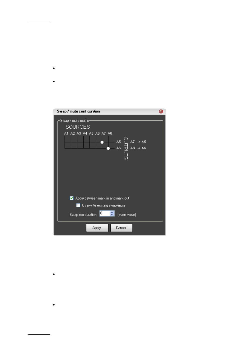 7 swap/mute configuration window, Window variations, How to access the swap/mute configuration window | From the general display of a timeline, From the swap/mute zoom display of a track, Swap/mute configuration window | EVS IPDirector Version 5.9 - January 2011 Part 8 User’s Manual User Manual | Page 186 / 234