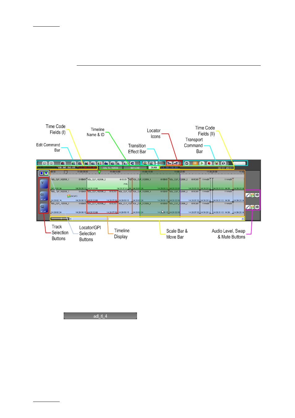 Timeline, 1 overview of the timeline elements, 1 timeline name and ids | Timeline name, Characteristics, Contextual menu from field, Overview of the timeline elements, Timeline name and ids | EVS IPDirector Version 5.9 - January 2011 Part 8 User’s Manual User Manual | Page 50 / 234