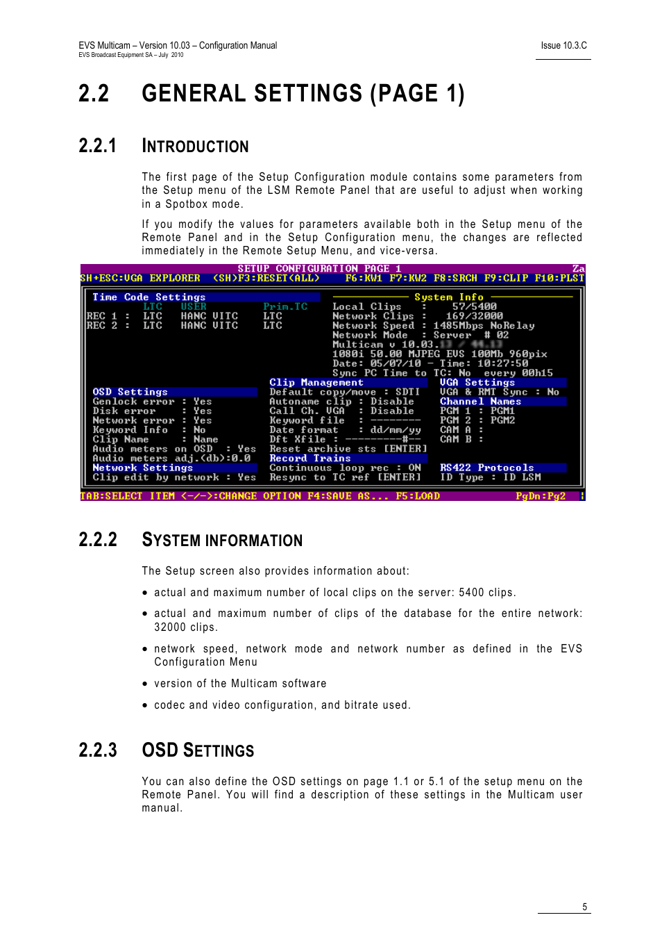 1 introduction, 2 system information, 3 osd settings | 2 general settings (page 1), 3 osd, Ntroduction, Ystem information, Ettings | EVS MulticamLSM Version 10.03 - July 2010 Configuration Manual User Manual | Page 12 / 97