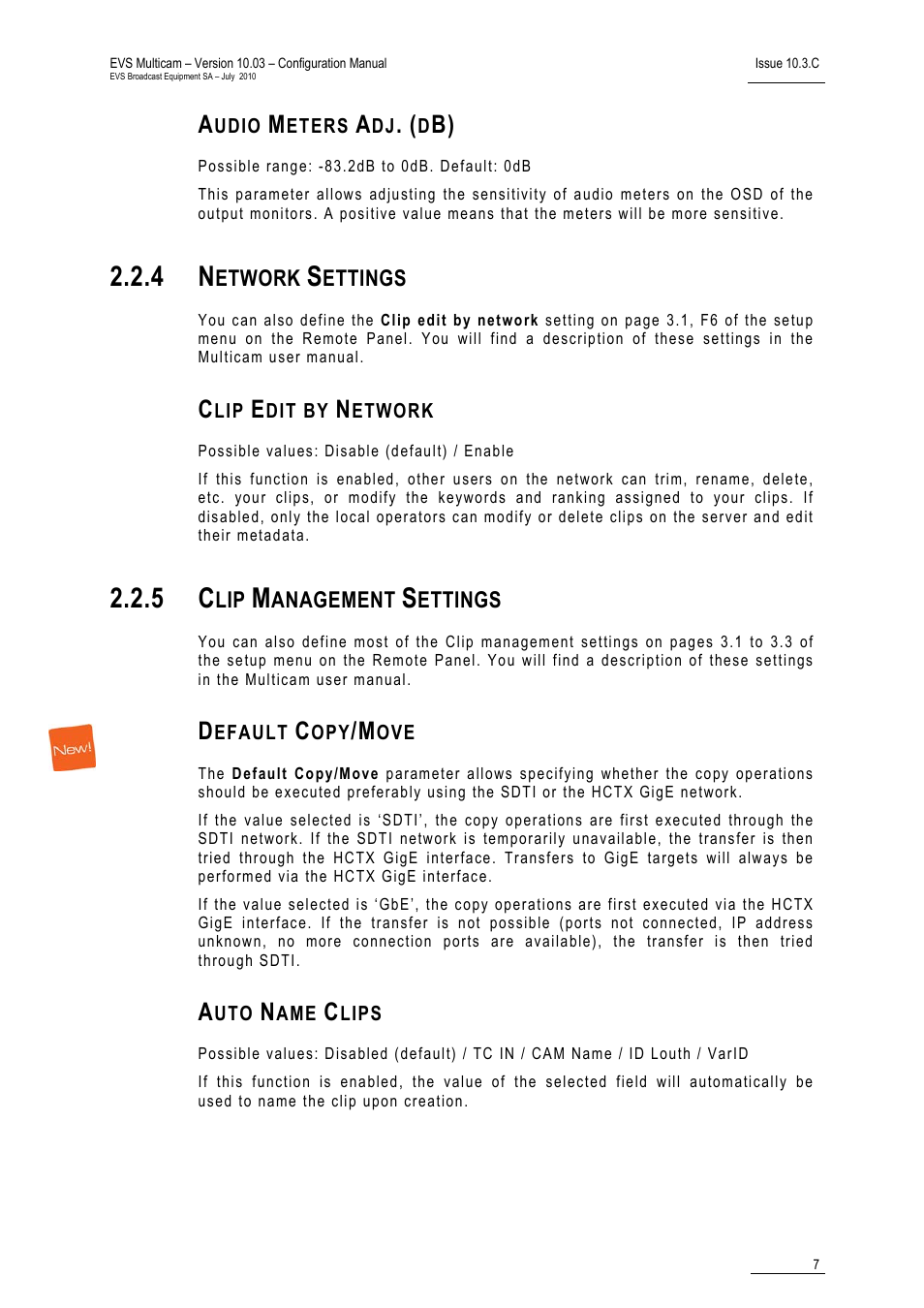 Audio meters adj. (db), 4 network settings, Clip edit by network | 5 clip management settings, Default copy/move, Auto name clips | EVS MulticamLSM Version 10.03 - July 2010 Configuration Manual User Manual | Page 14 / 97