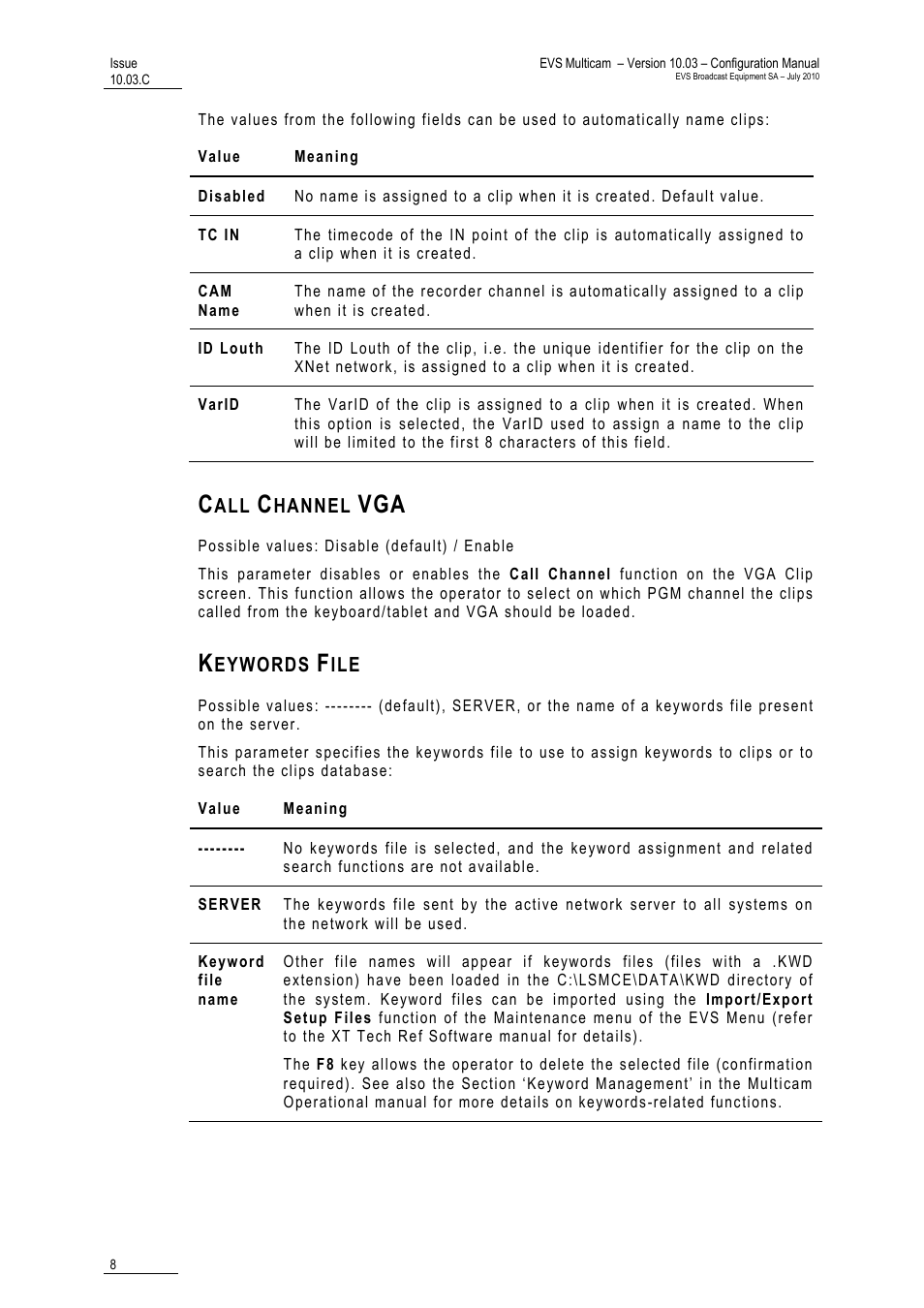 Call channel vga, Keywords file | EVS MulticamLSM Version 10.03 - July 2010 Configuration Manual User Manual | Page 15 / 97