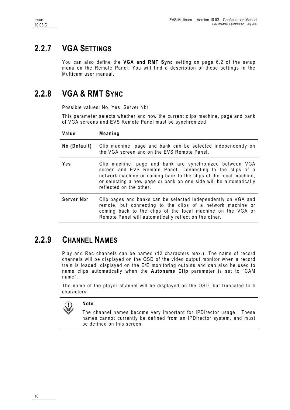 7 vga settings, 8 vga & rmt sync, 9 channel names | 7 vga, 8 vga, Ettings, Hannel, Ames | EVS MulticamLSM Version 10.03 - July 2010 Configuration Manual User Manual | Page 17 / 97