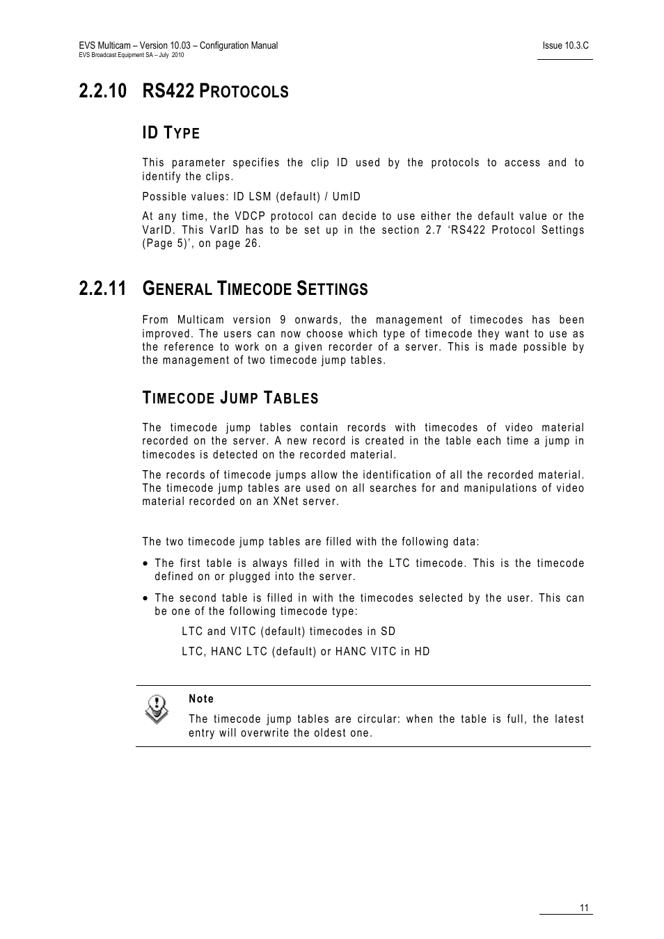 10 rs422 protocols, Id type, 11 general timecode settings | Timecode jump tables, 11 g, Rotocols, Eneral, Imecode, Ettings | EVS MulticamLSM Version 10.03 - July 2010 Configuration Manual User Manual | Page 18 / 97