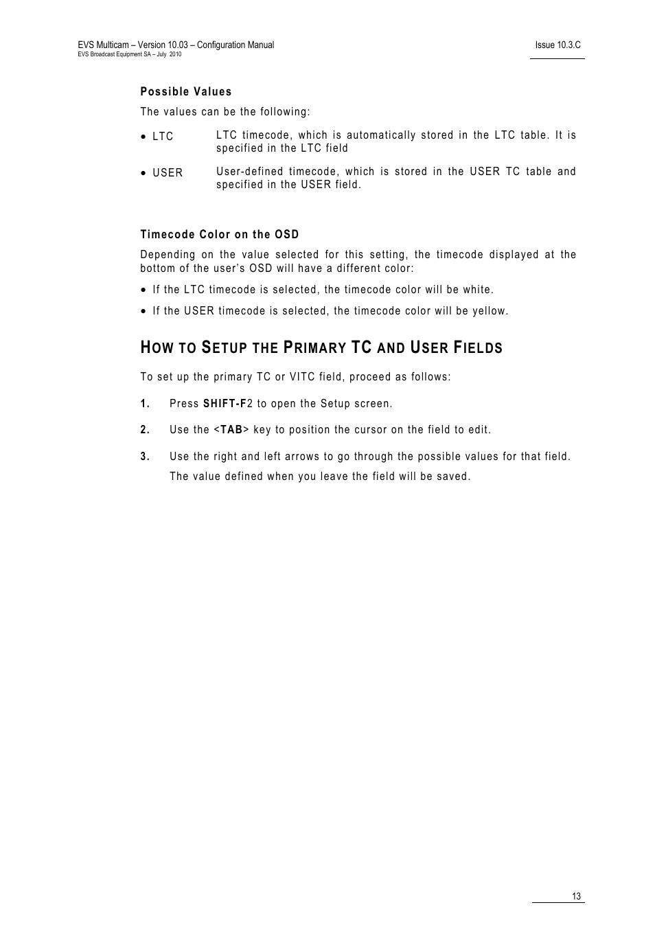 Possible values, Timecode color on the osd, How to setup the primary tc and user fields | EVS MulticamLSM Version 10.03 - July 2010 Configuration Manual User Manual | Page 20 / 97