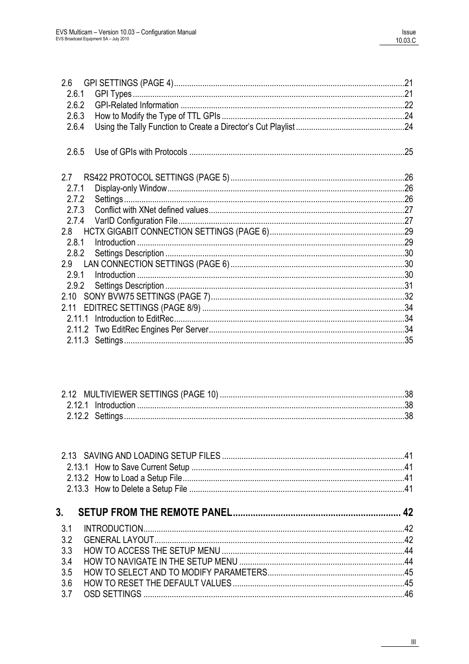 Setup from the remote panel | EVS MulticamLSM Version 10.03 - July 2010 Configuration Manual User Manual | Page 4 / 97