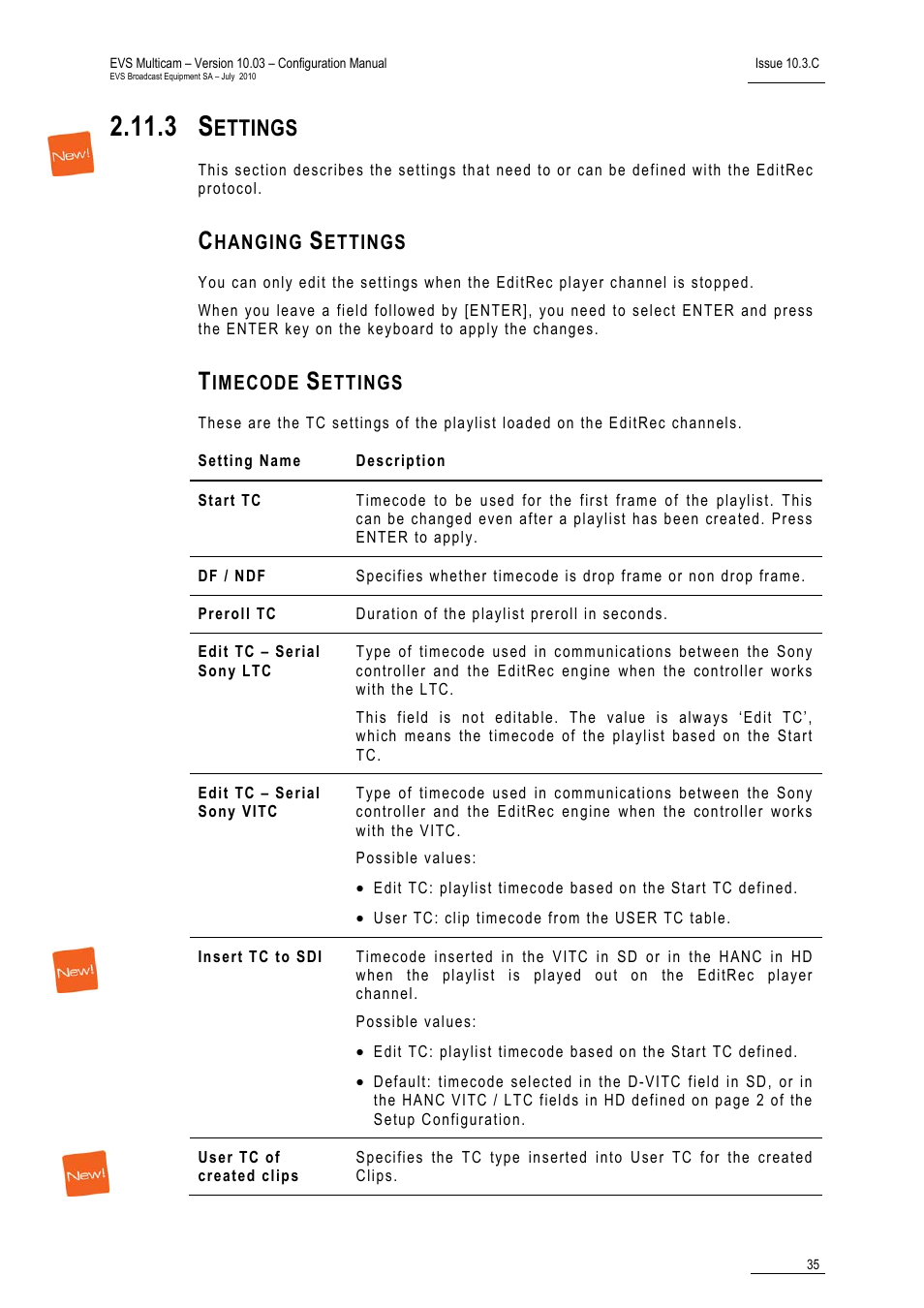 Settings, Changing settings, Timecode settings | Ettings | EVS MulticamLSM Version 10.03 - July 2010 Configuration Manual User Manual | Page 42 / 97