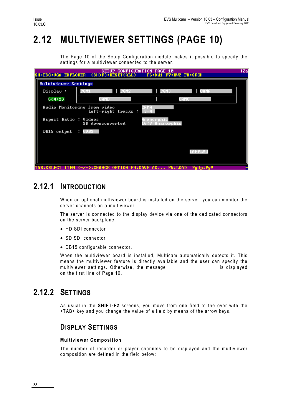 1 introduction, 2 settings, Display settings | Multiviewer composition, 12 multiviewer settings (page 10), Ntroduction, Ettings | EVS MulticamLSM Version 10.03 - July 2010 Configuration Manual User Manual | Page 45 / 97