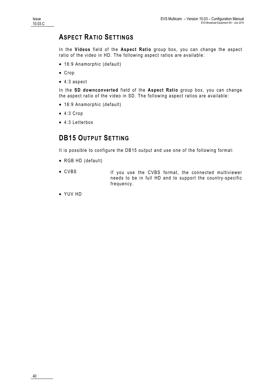 Aspect ratio settings, Db15 output setting, Db15 | EVS MulticamLSM Version 10.03 - July 2010 Configuration Manual User Manual | Page 47 / 97