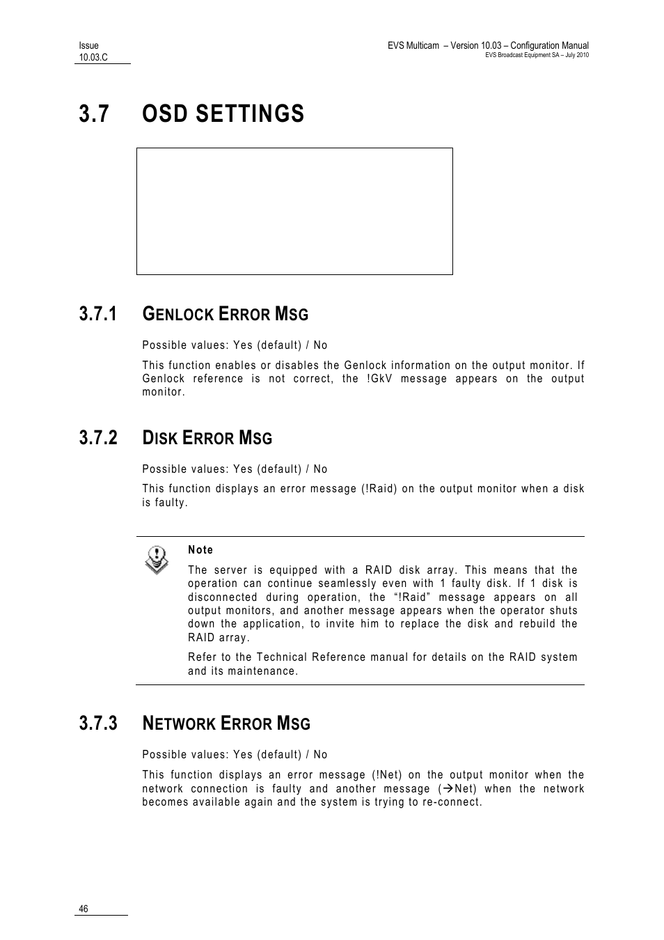 7 osd settings, 1 genlock error msg, 2 disk error msg | 3 network error msg | EVS MulticamLSM Version 10.03 - July 2010 Configuration Manual User Manual | Page 53 / 97