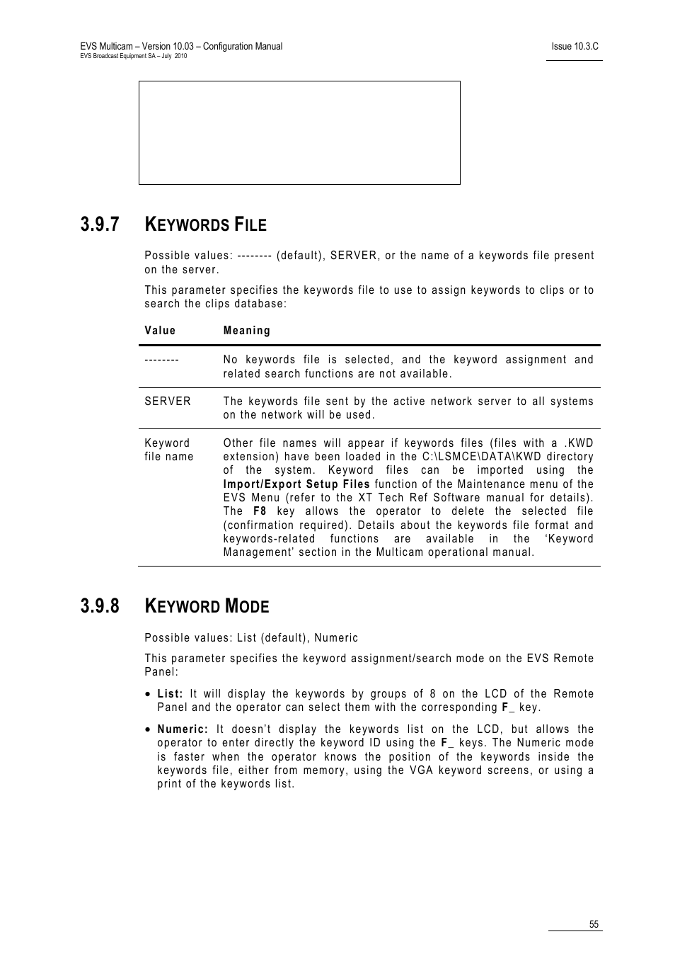 7 keywords file, 8 keyword mode, Eywords | Eyword | EVS MulticamLSM Version 10.03 - July 2010 Configuration Manual User Manual | Page 62 / 97