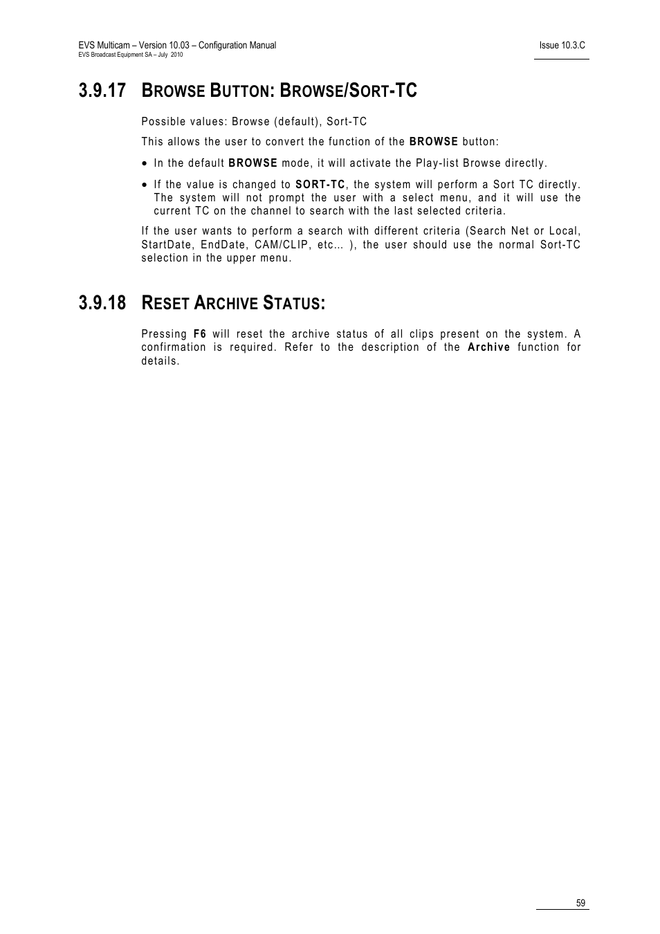 17 browse button: browse/sort-tc, 18 reset archive status, 17 b | 18 r | EVS MulticamLSM Version 10.03 - July 2010 Configuration Manual User Manual | Page 66 / 97