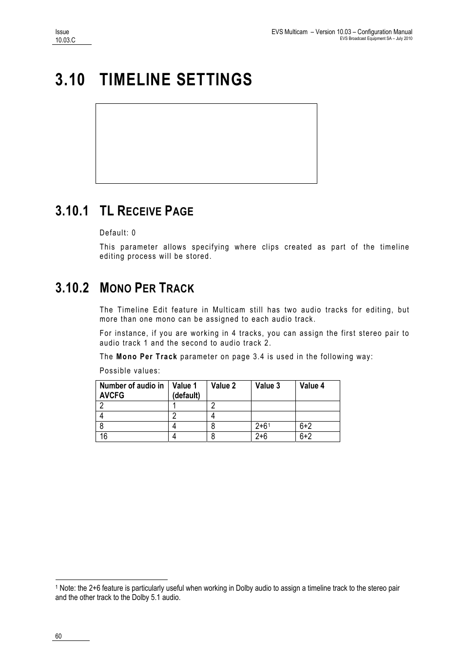 10 timeline settings, 2 mono per track, 1 tl | Eceive, Rack | EVS MulticamLSM Version 10.03 - July 2010 Configuration Manual User Manual | Page 67 / 97