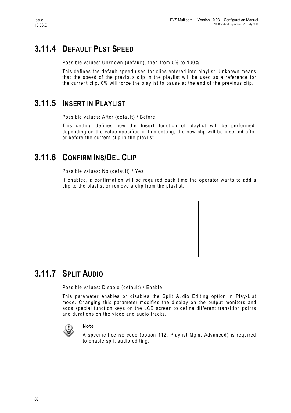 4 default plst speed, 5 insert in playlist, 6 confirm ins/del clip | 7 split audio | EVS MulticamLSM Version 10.03 - July 2010 Configuration Manual User Manual | Page 69 / 97