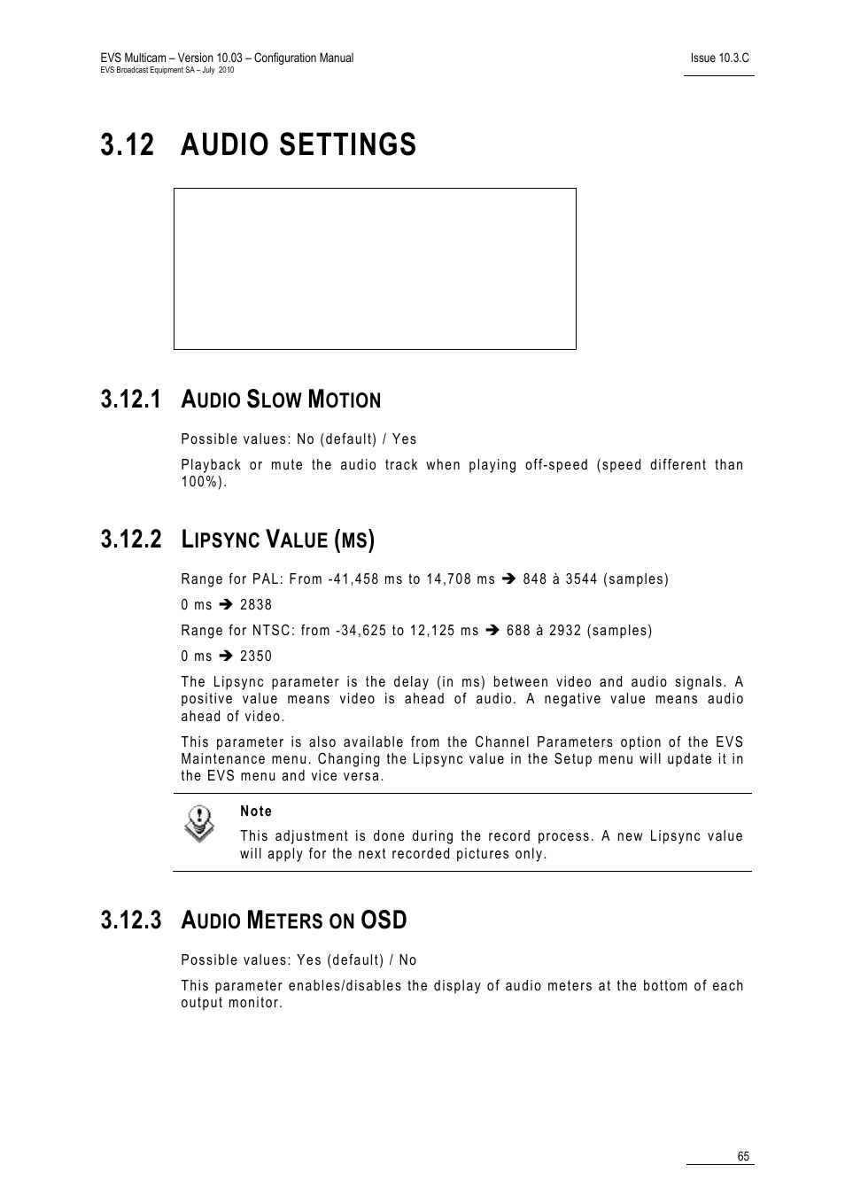 12 audio settings, 1 audio slow motion, 2 lipsync value (ms) | 3 audio meters on osd | EVS MulticamLSM Version 10.03 - July 2010 Configuration Manual User Manual | Page 72 / 97