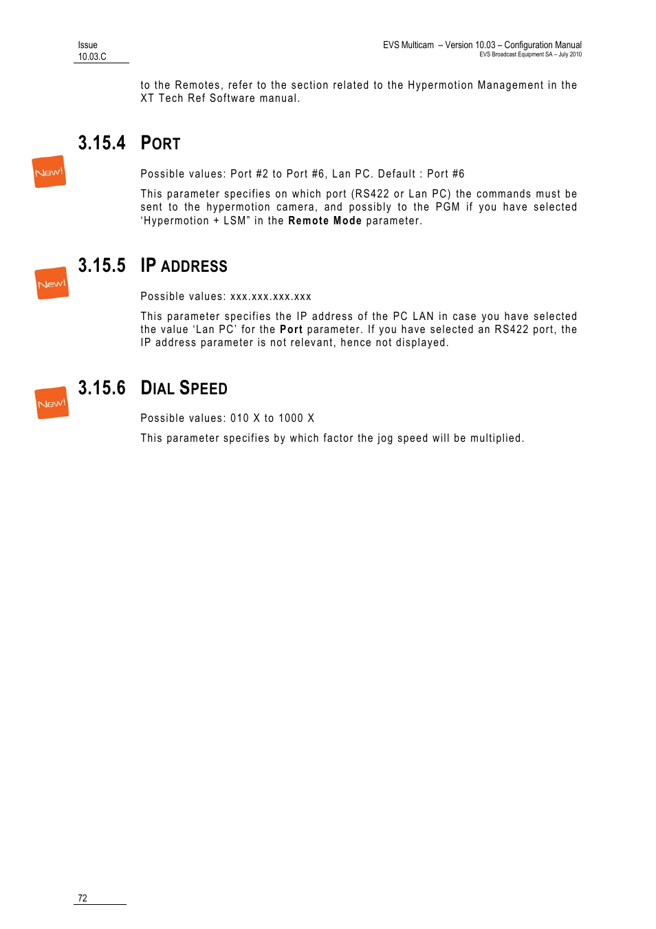 Port, Ip address, Dial speed | 5 ip, Address, Peed | EVS MulticamLSM Version 10.03 - July 2010 Configuration Manual User Manual | Page 79 / 97