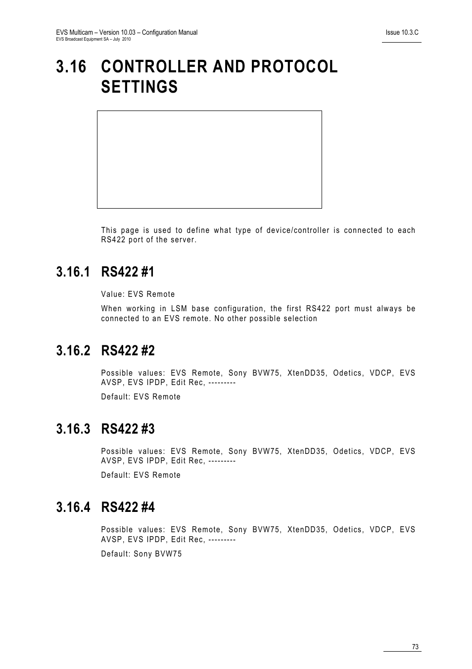 16 controller and protocol settings, 1 rs422 #1, 2 rs422 #2 | 3 rs422 #3, 4 rs422 #4, Ttings, 1 rs422, 2 rs422, 3 rs422, 4 rs422 | EVS MulticamLSM Version 10.03 - July 2010 Configuration Manual User Manual | Page 80 / 97