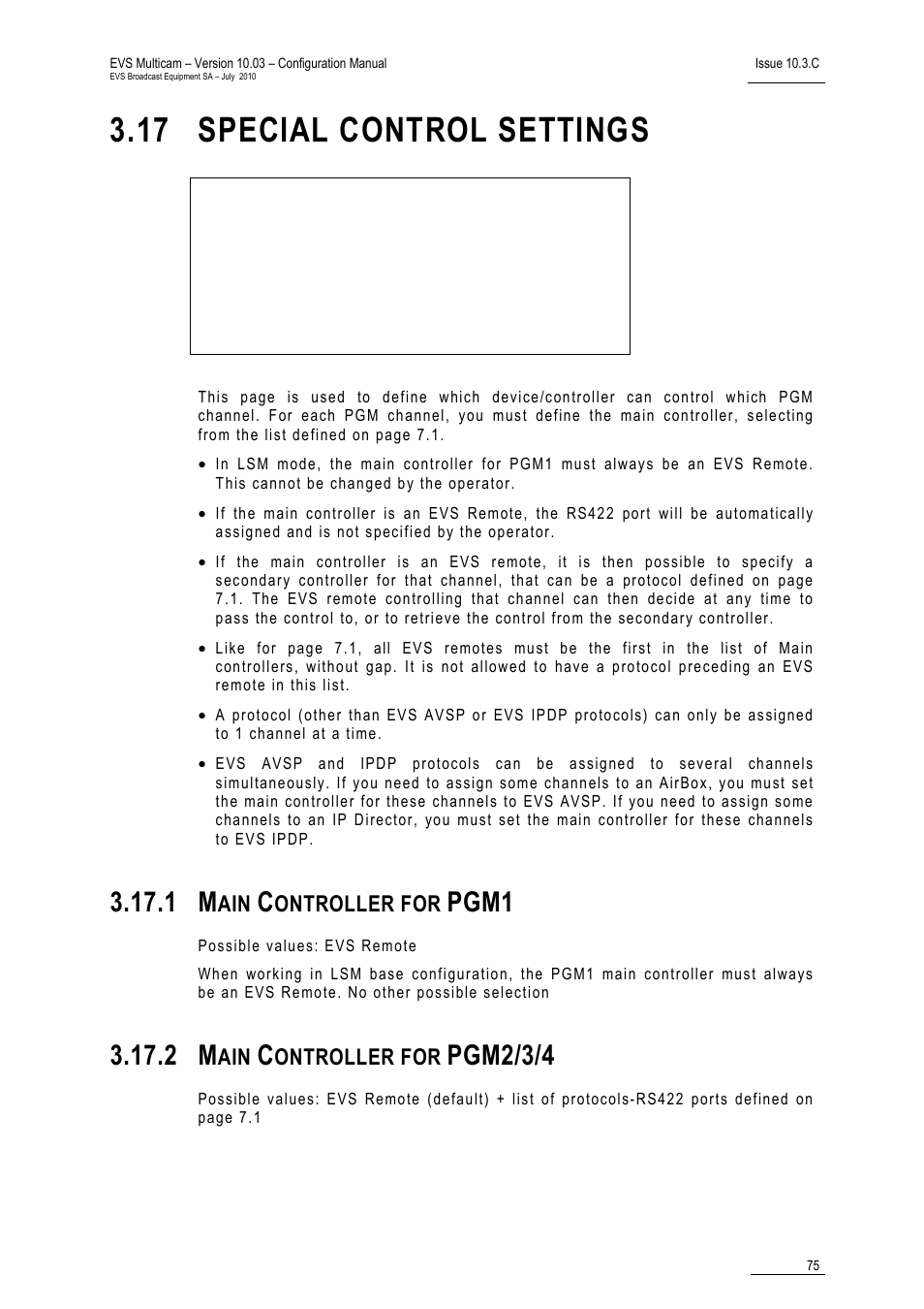 17 special control settings, 1 main controller for pgm1, 2 main controller for pgm2/3/4 | Pgm1, Pgm2/3/4, Ontroller for | EVS MulticamLSM Version 10.03 - July 2010 Configuration Manual User Manual | Page 82 / 97