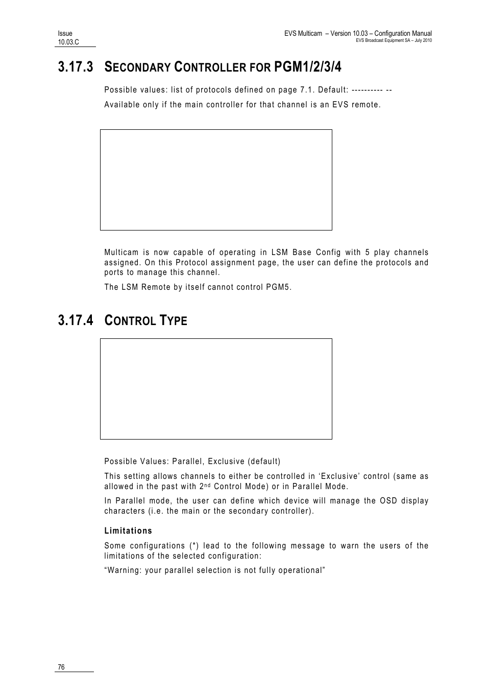 3 secondary controller for pgm1/2/3/4, 4 control type, Limitations | Pgm1/2/3/4, Econdary, Ontroller for, Ontrol | EVS MulticamLSM Version 10.03 - July 2010 Configuration Manual User Manual | Page 83 / 97