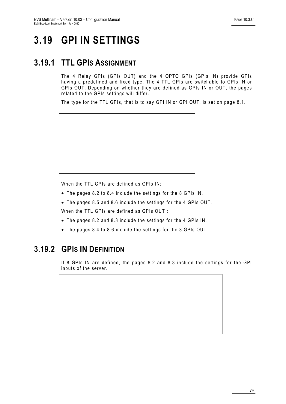 19 gpi in settings, 1 ttl gpis assignment, 2 gpis in definition | 1 ttl, 2 gpi, Ssignment, Efinition | EVS MulticamLSM Version 10.03 - July 2010 Configuration Manual User Manual | Page 86 / 97