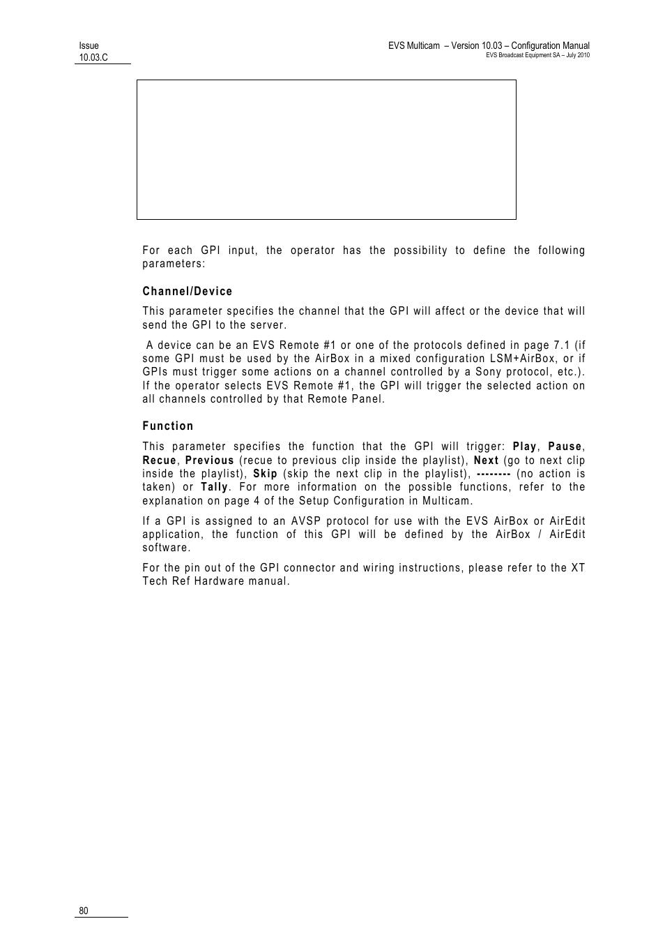 Channel/device, Function | EVS MulticamLSM Version 10.03 - July 2010 Configuration Manual User Manual | Page 87 / 97