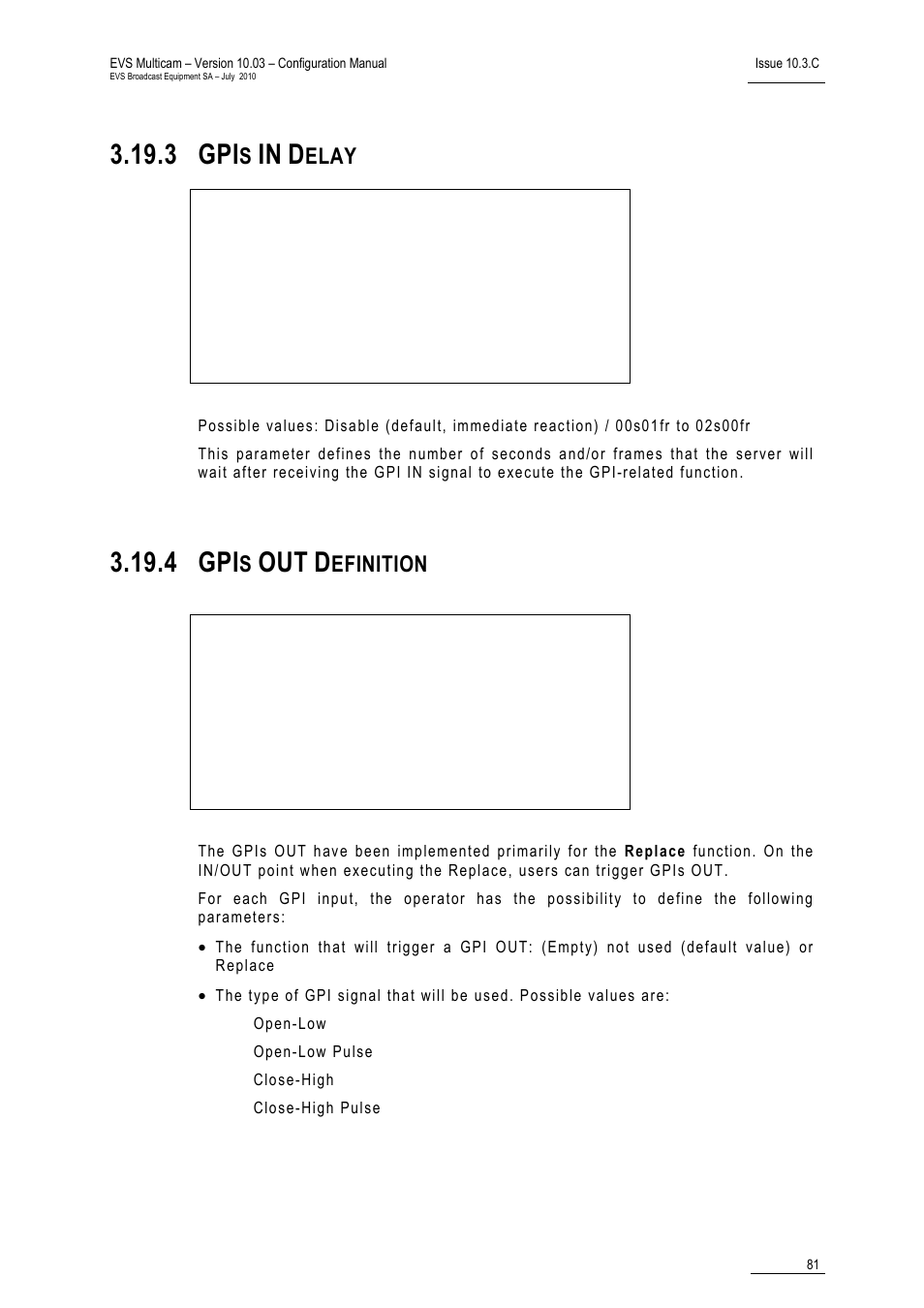 3 gpis in delay, 4 gpis out definition, 3 gpi | 4 gpi, Elay, Efinition | EVS MulticamLSM Version 10.03 - July 2010 Configuration Manual User Manual | Page 88 / 97