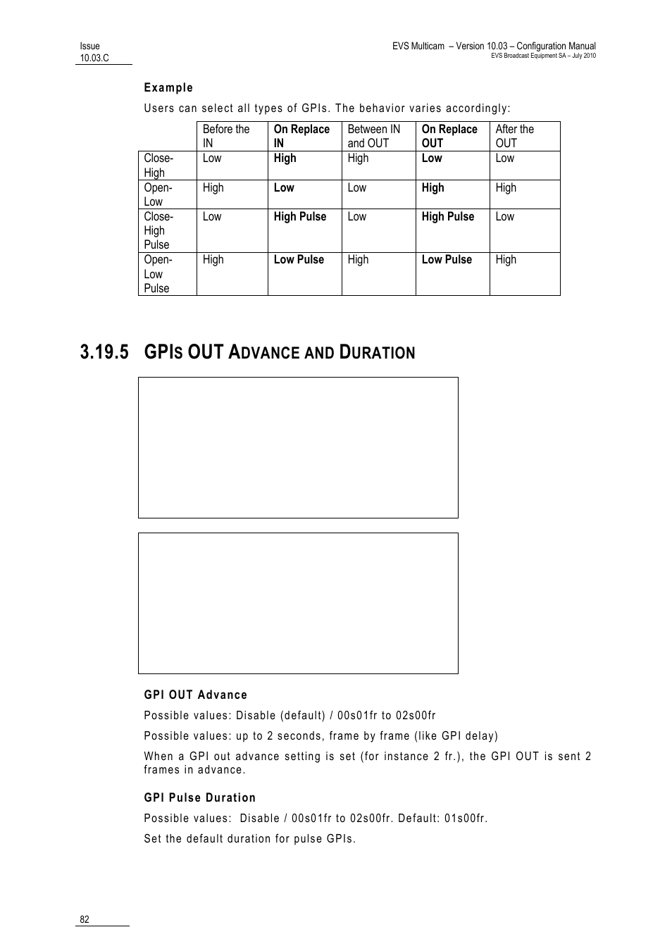 Example, 5 gpis out advance and duration, Gpi out advance | Gpi pulse duration, Tion, 5 gpi, Dvance and, Uration | EVS MulticamLSM Version 10.03 - July 2010 Configuration Manual User Manual | Page 89 / 97