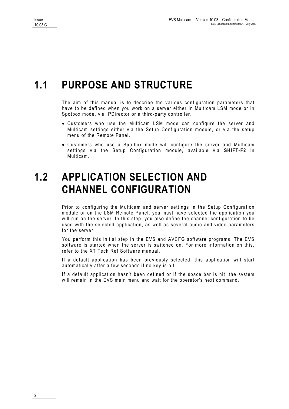 Introduction, 1 purpose and structure, 2 application selection and channel configuration | Iguration | EVS MulticamLSM Version 10.03 - July 2010 Configuration Manual User Manual | Page 9 / 97