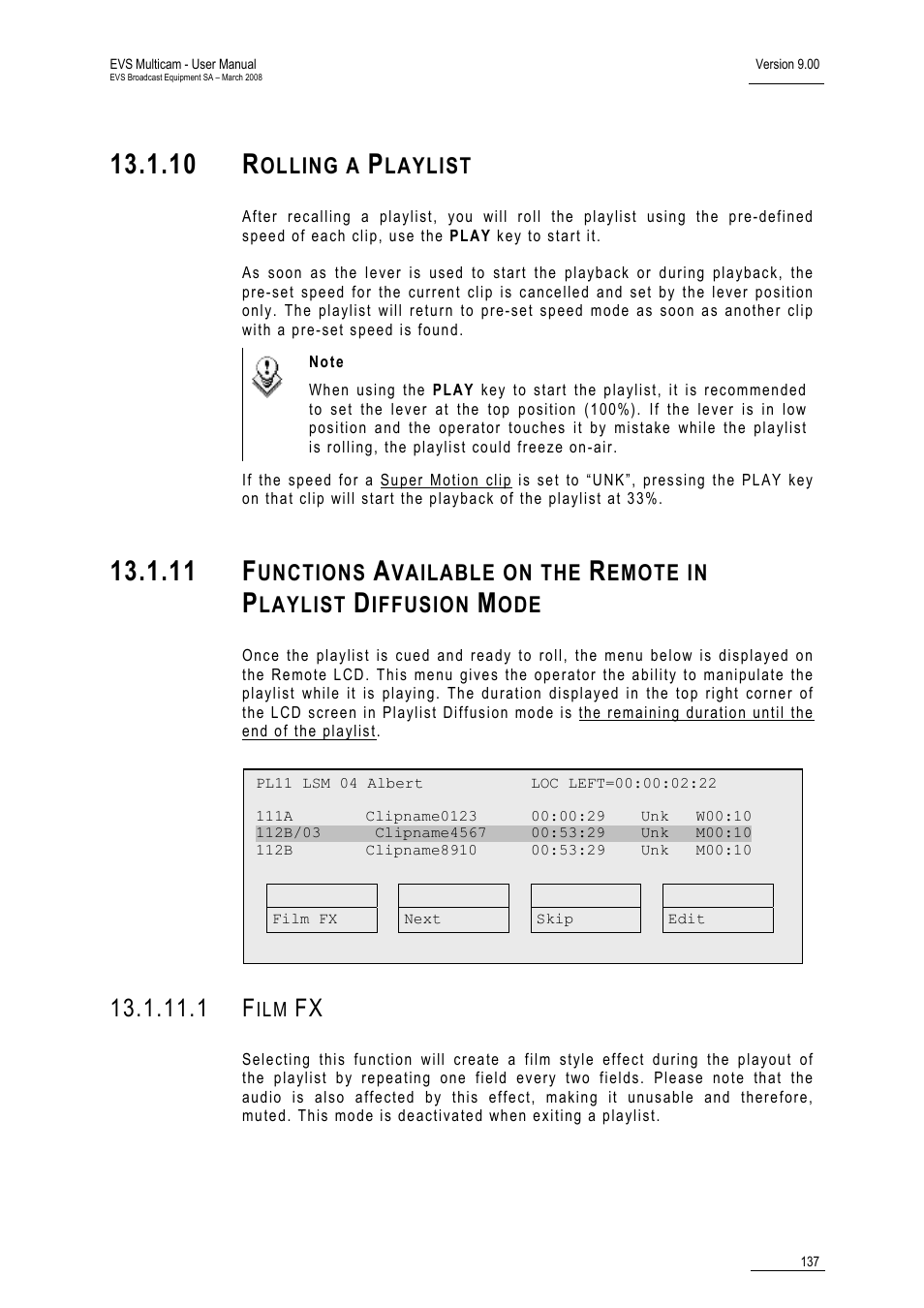 10 rolling a playlist, 1 film fx, 10 r | 11 f, Olling a, Laylist, Unctions, Vailable on the, Emote in, Iffusion | EVS MulticamLSM Version 9.00 - March 2008 User's Manual User Manual | Page 146 / 201