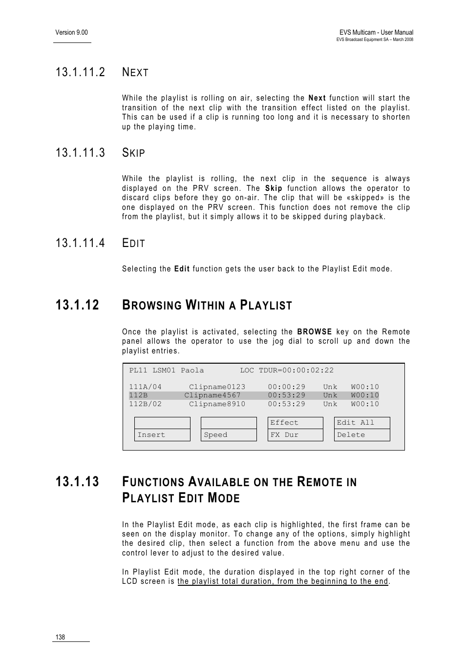2 next, 3 skip, 4 edit | 12 browsing within a playlist, 12 b, 13 f, Rowsing, Ithin a, Laylist, Unctions | EVS MulticamLSM Version 9.00 - March 2008 User's Manual User Manual | Page 147 / 201