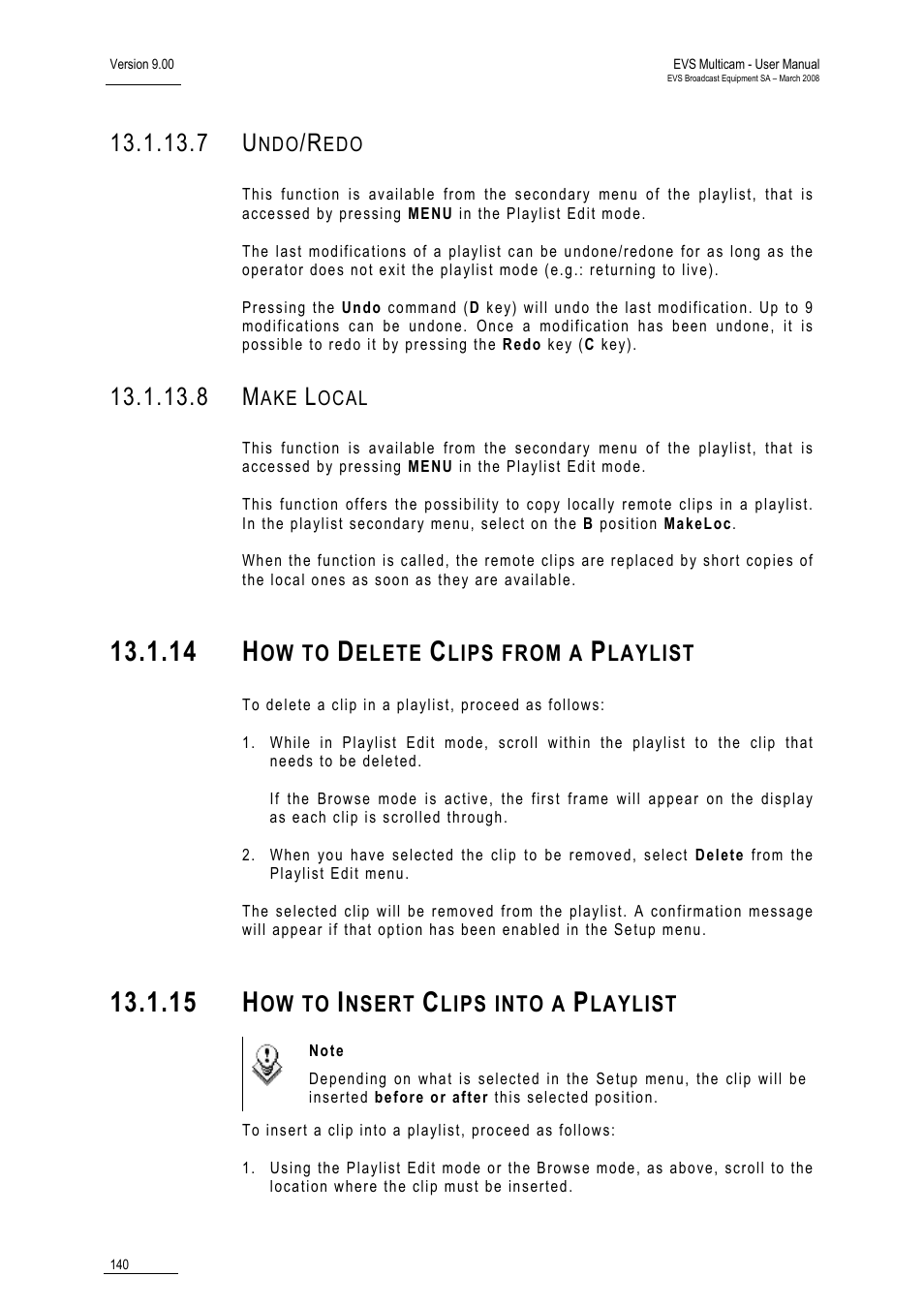 7 undo/redo, 8 make local, 14 how to delete clips from a playlist | 15 how to insert clips into a playlist, 14 h, 15 h | EVS MulticamLSM Version 9.00 - March 2008 User's Manual User Manual | Page 149 / 201