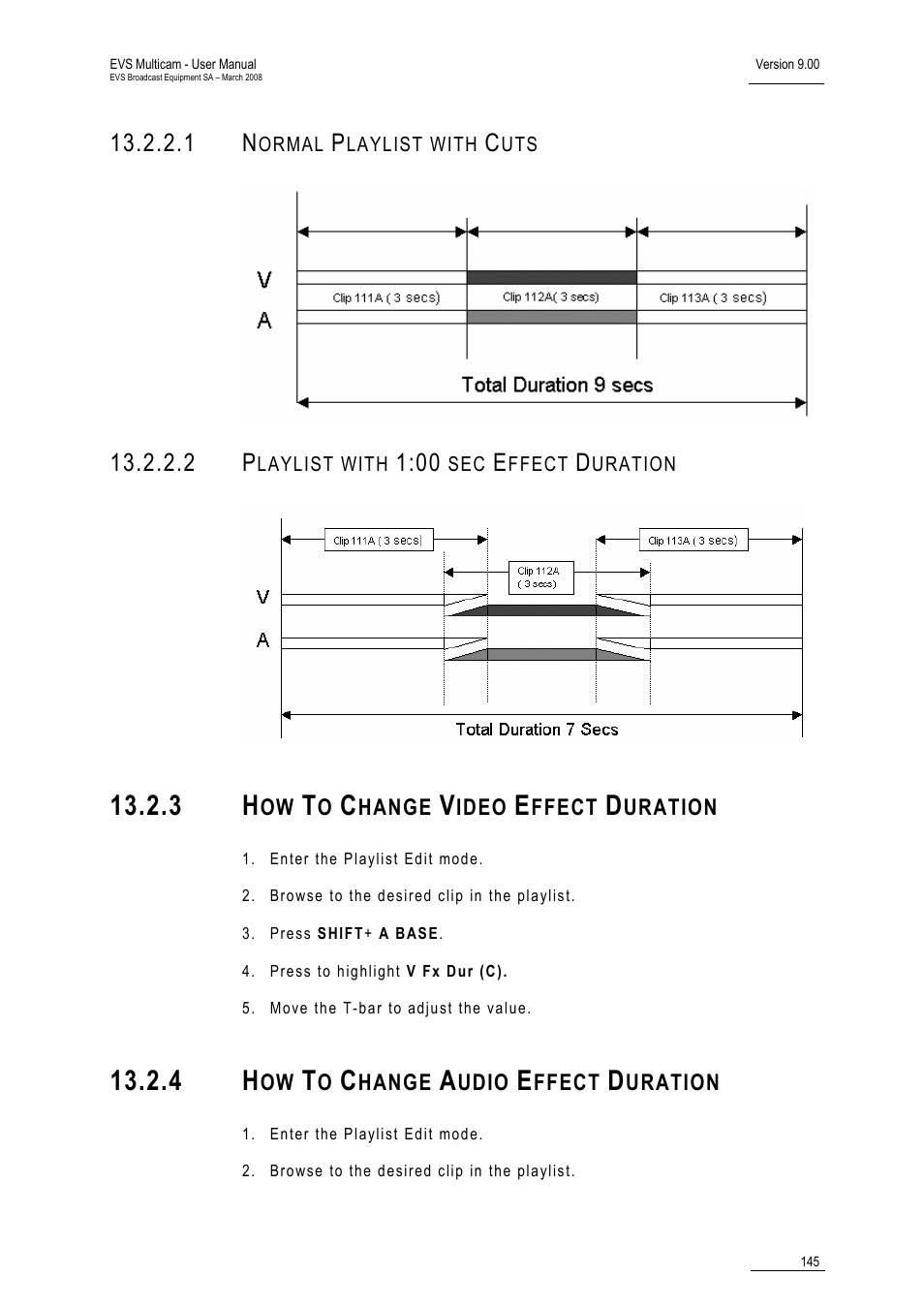 1 normal playlist with cuts, 2 playlist with 1:00 sec effect duration, 3 how to change video effect duration | 4 how to change audio effect duration | EVS MulticamLSM Version 9.00 - March 2008 User's Manual User Manual | Page 154 / 201