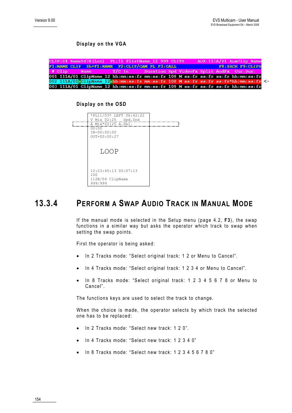 Display on the vga, Display on the osd, 4 perform a swap audio track in manual mode | Loop, Erform a, Udio, Rack in, Anual | EVS MulticamLSM Version 9.00 - March 2008 User's Manual User Manual | Page 163 / 201