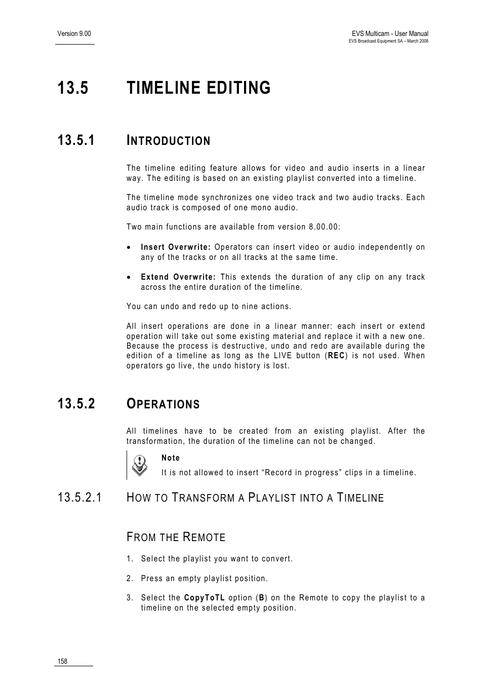 1 introduction, 2 operations, 1 how to transform a playlist into a timeline | From the remote, 5 timeline editing | EVS MulticamLSM Version 9.00 - March 2008 User's Manual User Manual | Page 167 / 201
