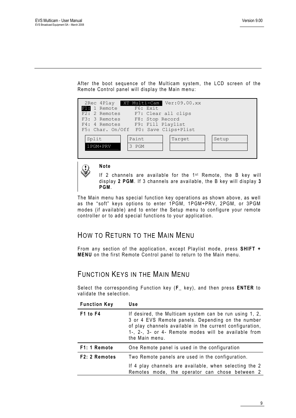 How to return to the main menu, Function keys in the main menu, Main menu | EVS MulticamLSM Version 9.00 - March 2008 User's Manual User Manual | Page 18 / 201