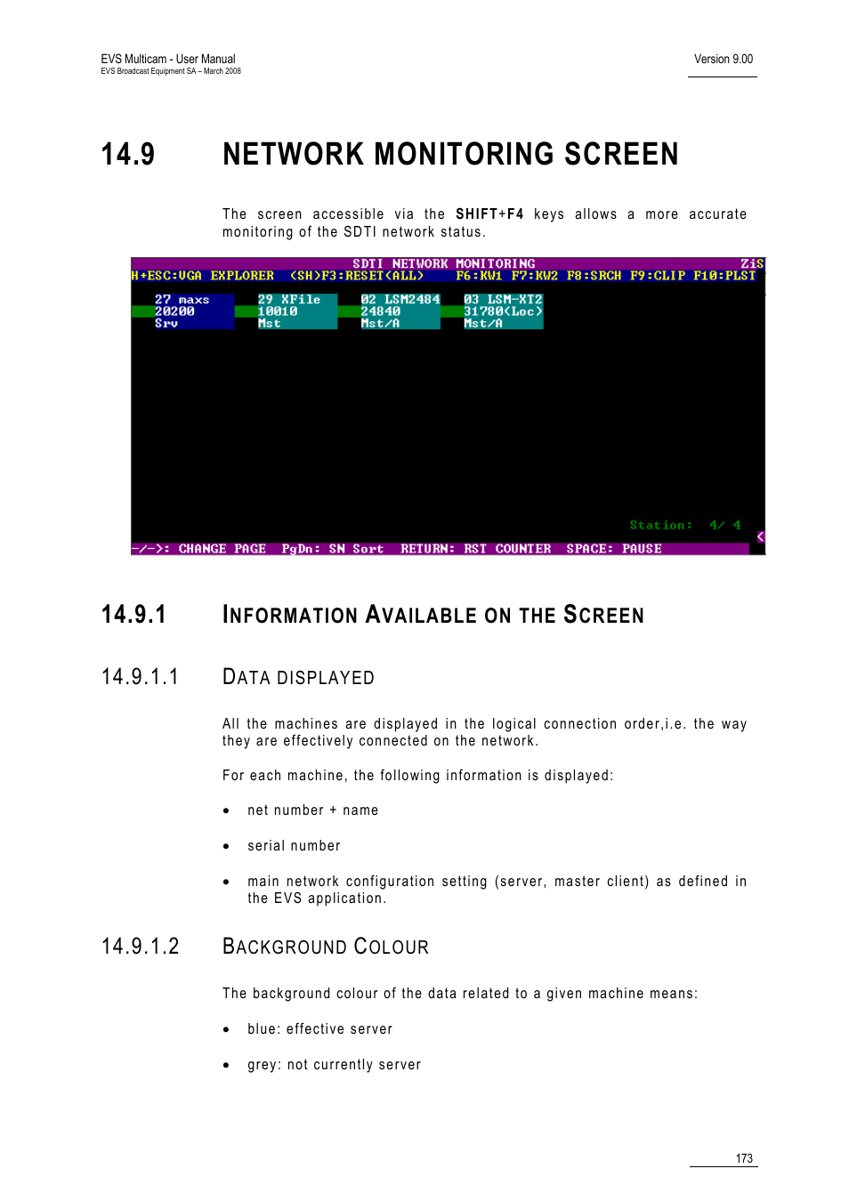 1 information available on the screen, 1 data displayed, 2 background colour | 9 network monitoring screen | EVS MulticamLSM Version 9.00 - March 2008 User's Manual User Manual | Page 182 / 201