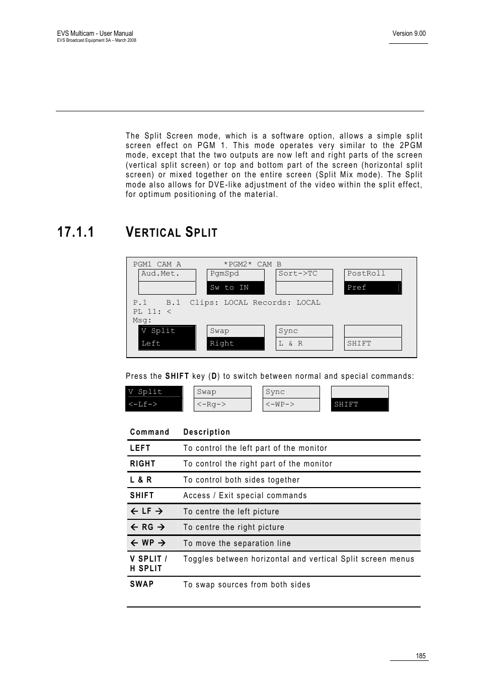 1 vertical split, Split screen mode, Ertical | Plit | EVS MulticamLSM Version 9.00 - March 2008 User's Manual User Manual | Page 194 / 201