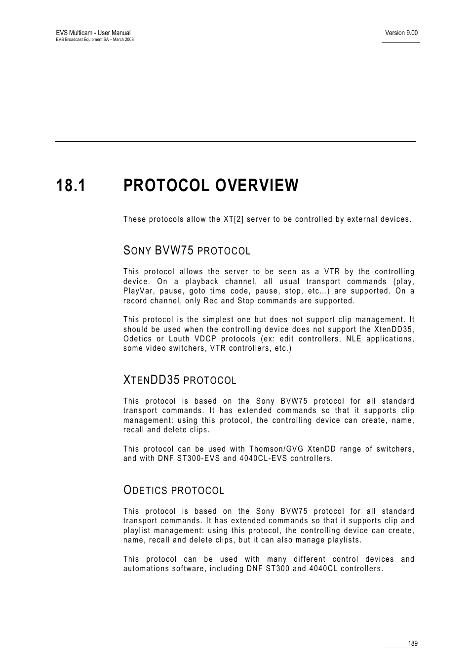 Sony bvw75 protocol, Xtendd35 protocol, Odetics protocol | Sony, xtendd35, odetics & vdcp protocols, 1 protocol overview | EVS MulticamLSM Version 9.00 - March 2008 User's Manual User Manual | Page 198 / 201