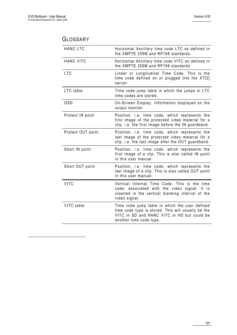 Glossary, Lossary | EVS MulticamLSM Version 9.00 - March 2008 User's Manual User Manual | Page 200 / 201
